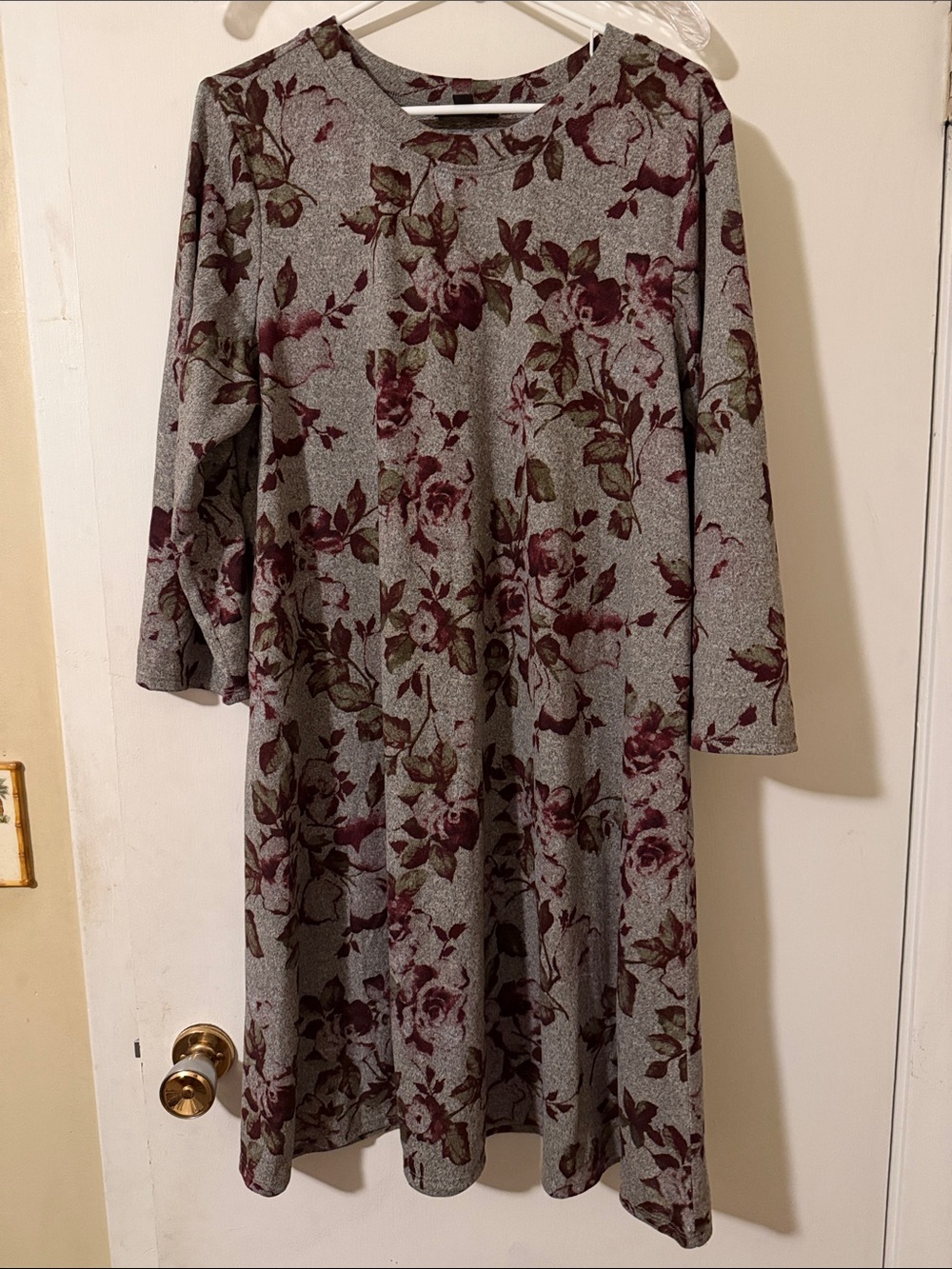 Gray Floral Long-Sleeve A-Line Dress with Burgundy Rose Print